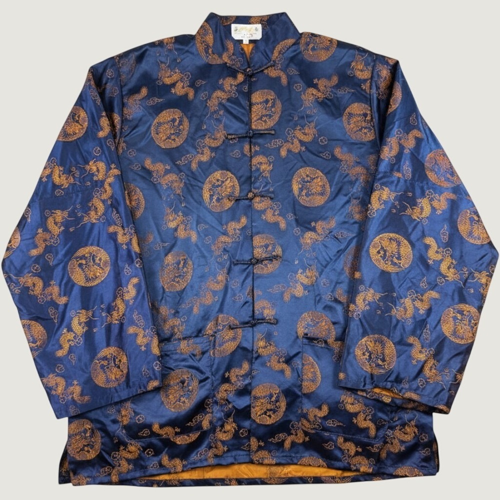 Vintage 1970s Golden Dragon Chinese Brocade Tang Jacket XXL Navy Gold Dragon - Picture 2 of 14